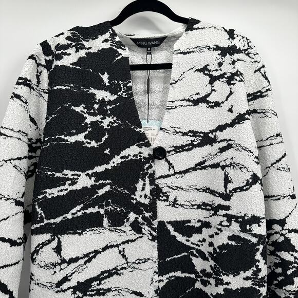 Ming Wang Jacket Womens Medium Black White Abstract Textured Button Front Blazer - Picture 2 of 10